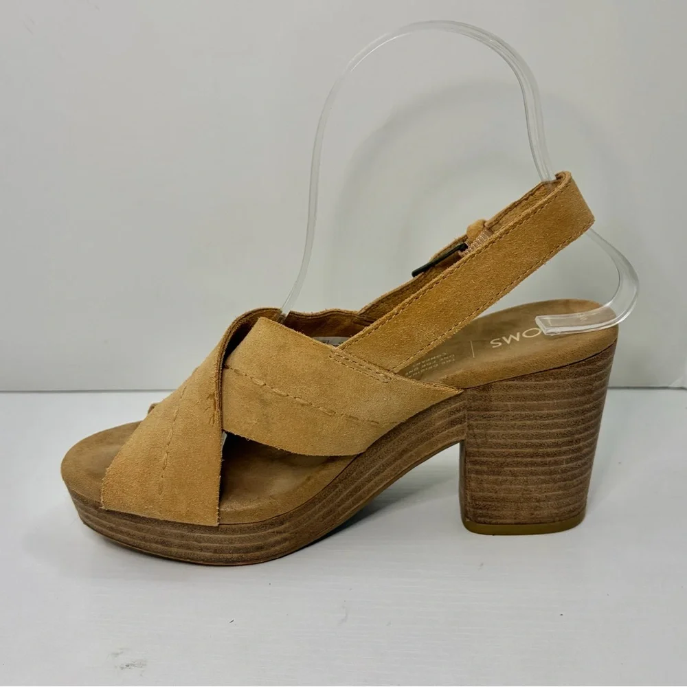 TOMS Ibiza Honey Suede Tan Platform Heel Sandals Size 6 1/2